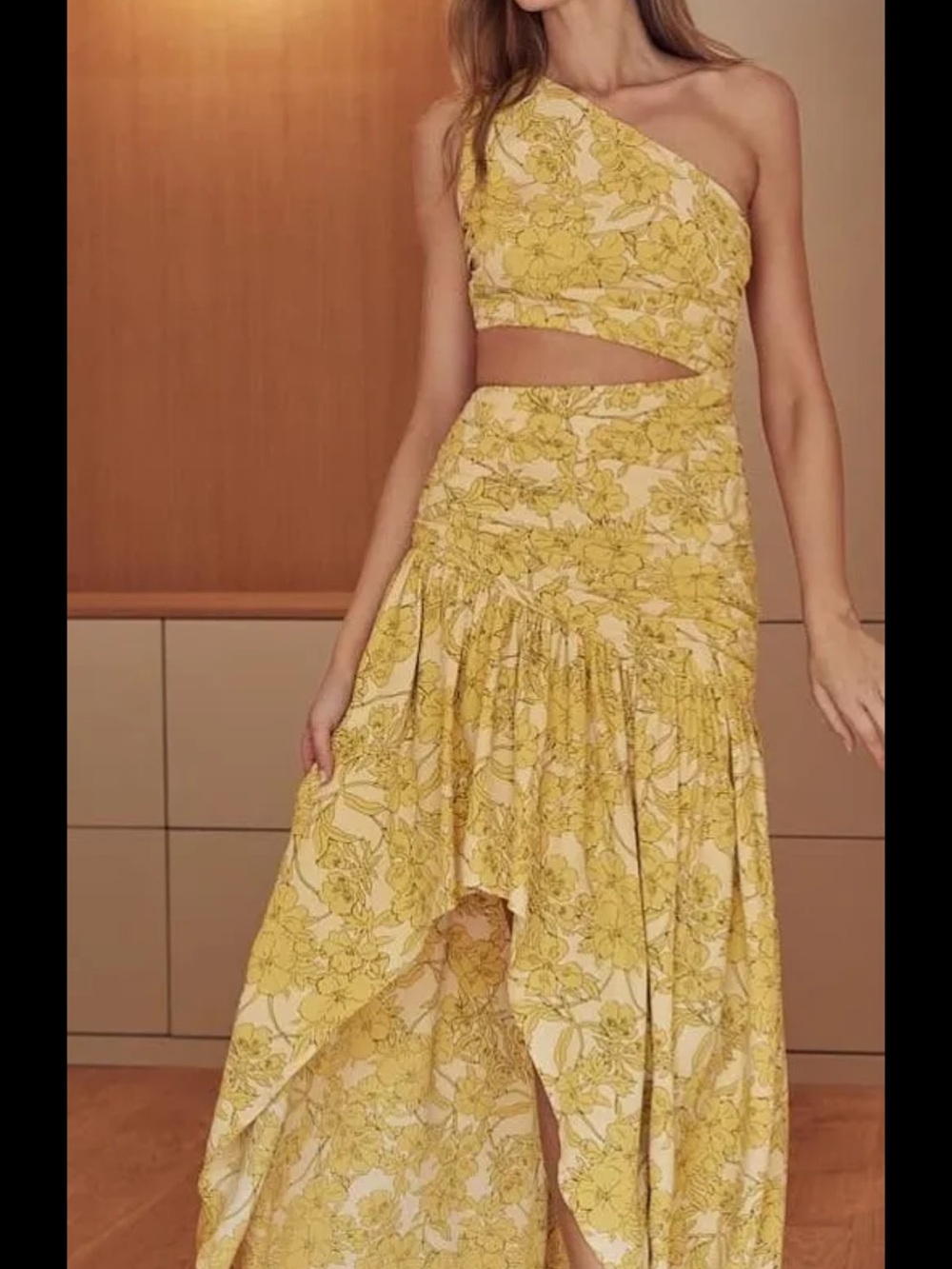 FORE One-Shoulder Yellow Floral High-Low Dress